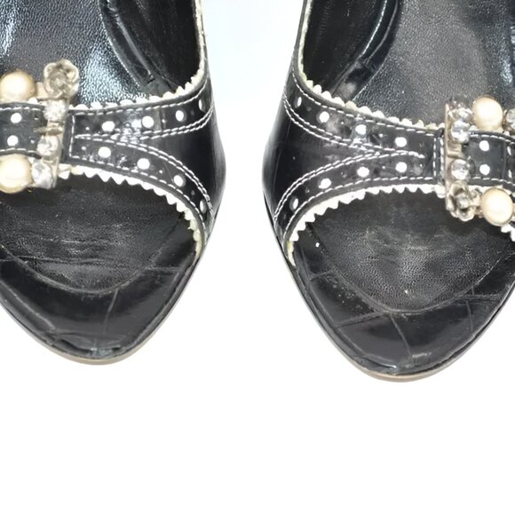 Le Silla Luxury Designer Black Leather Open Toe Crystal & Pearl Heels 38.5 8.5 - Picture 7 of 12